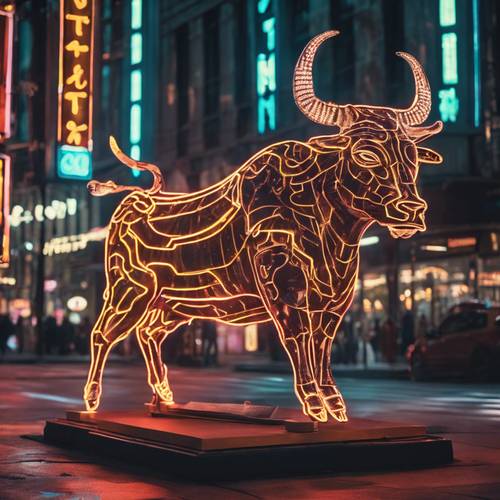 A glowing Taurus sign in the middle of a bustling city illuminated by neon lights at night.