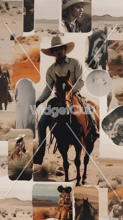 Cowboy andando a cavalo em colagem no deserto