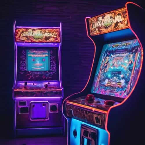 Ein klassischer Arcade-Automat, der im Dunkeln leuchtet, mit Knöpfen und Joysticks, die in stimmungsvolles blaues und violettes fluoreszierendes Licht getaucht sind.