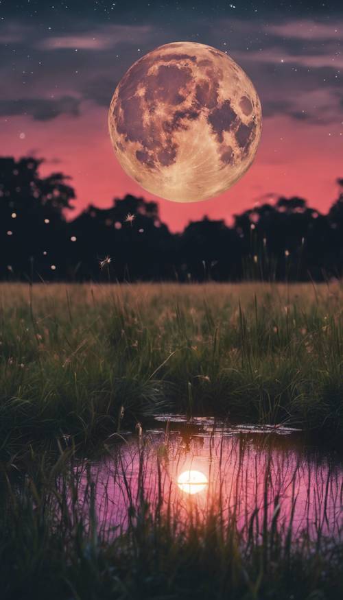 Una vibrante luna piena che proietta un bagliore etereo su un campo di erba nera.