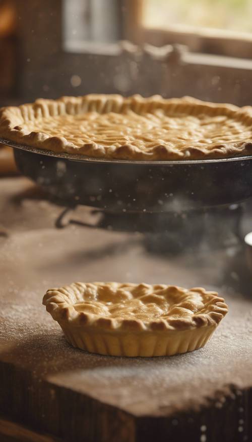 Photorealistic art of a pie crust being baked, filling the country kitchen with the warm and comforting smells of fall.