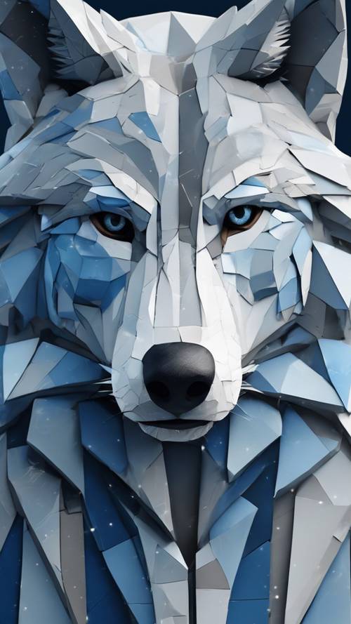 Kubistyczna interpretacja wilka, utrzymana w chłodnych odcieniach błękitu i szarości, wywołująca poczucie dzikiej szlachetności.