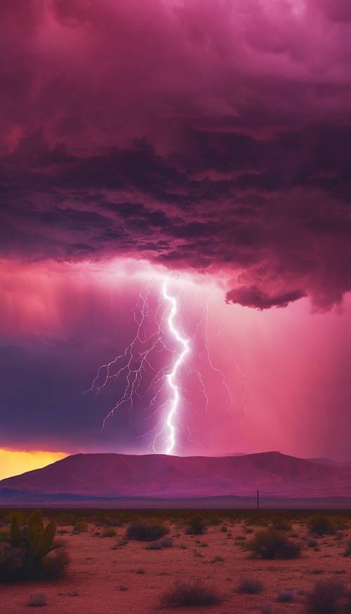 Uma cena psicodélica de uma tempestade com raios acontecendo em um deserto de néon multicolorido durante o pôr do sol.