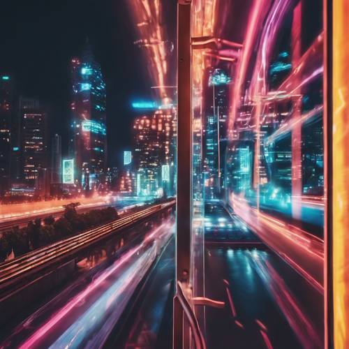 Neonowe miasto widziane z okna pociągu dużych prędkości, mijane w świetlistej rozmazanej plamie. Tapeta [680223c821ce4cffbe63]