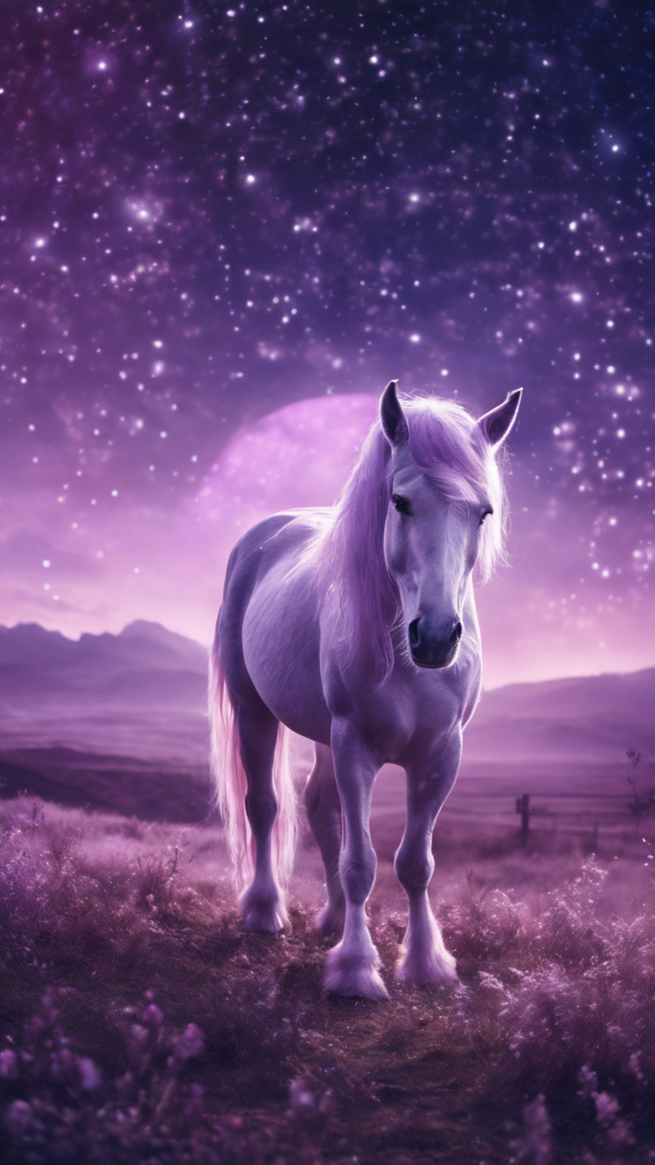 A light purple unicorn grazing in a mystical landscape under the starry night. Wallpaper[ebdebf087ad14a189ba8]