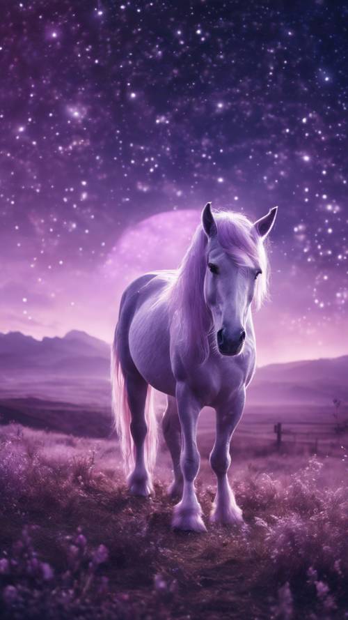 Светло-фиолетовый единорог, пасущийся в мистическом пейзаже под звездной ночью.