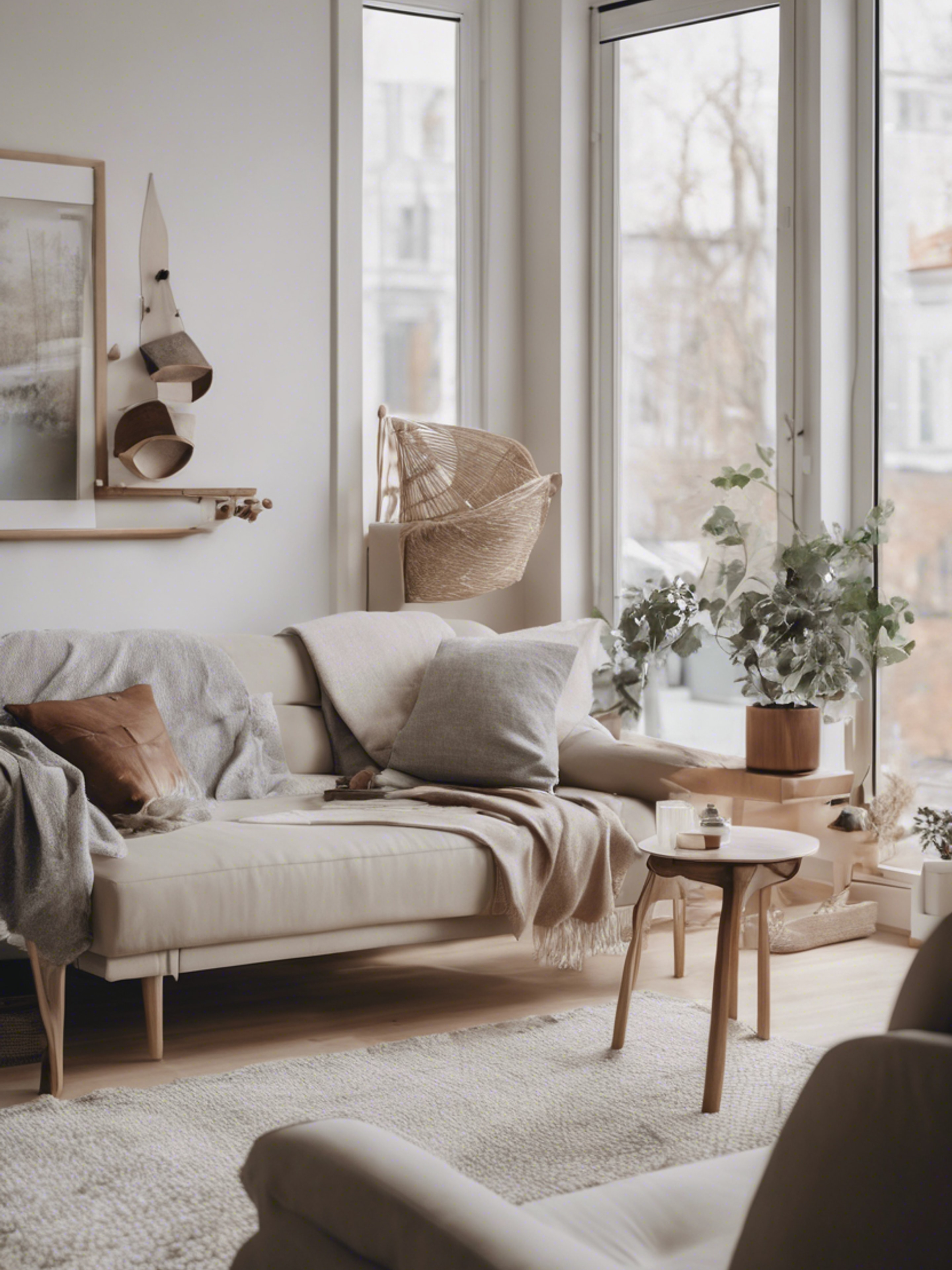 A Nordic-styled apartment with minimalist design, neutral color palette, and cozy accents. Wallpaper[7cbaae500de44ae0bb2d]