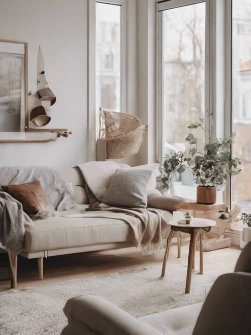 A Nordic-styled apartment with minimalist design, neutral color palette, and cozy accents.