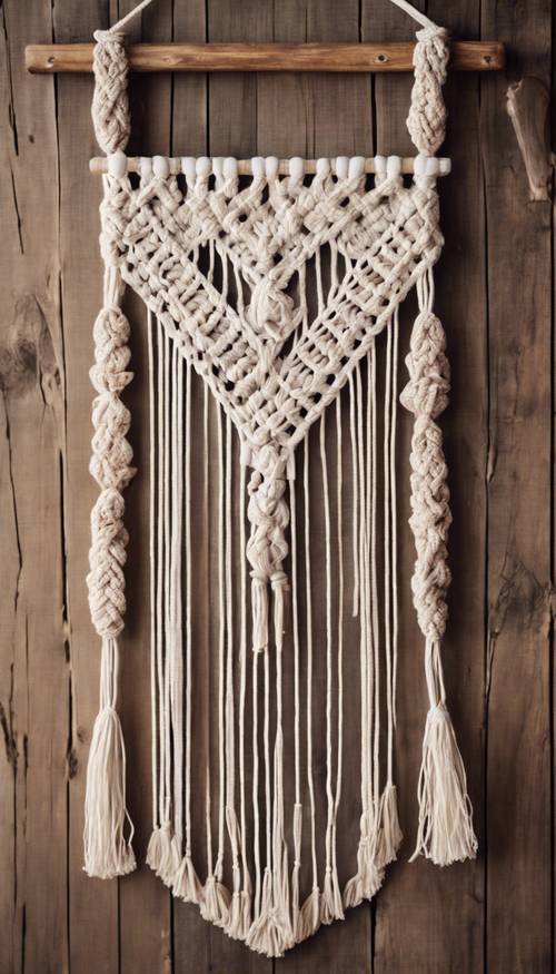 Handmade bohemian macrame wall hanging in a neutral palette on an aged wooden background Tapet [b9b3e194310948dca0f6]