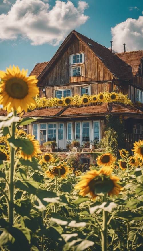 A beautiful countryside house nestled in a field of brightly blooming sunflowers under a clear blue sky.