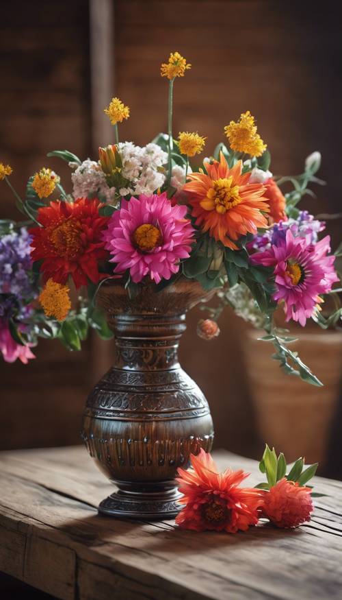 Un grappolo di fiori tradizionali messicani disposti in un bellissimo vaso su un tavolo di legno rustico.