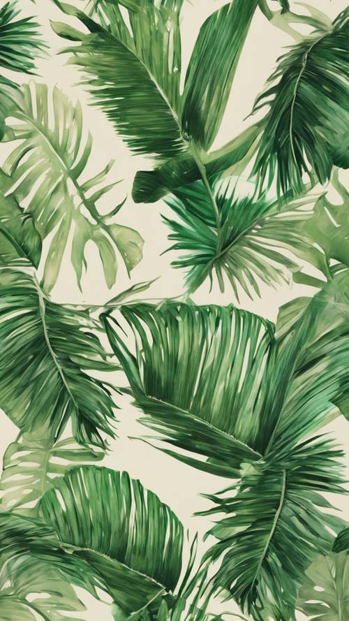 Tropical theme featuring palm leaves painted in different shades of green over cream textile base.