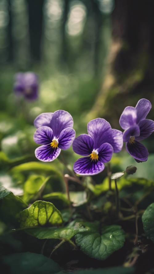 A spray of wild violets framed against a verdant forest backdrop. Kertas dinding [ad8e9071dd8b455885f1]