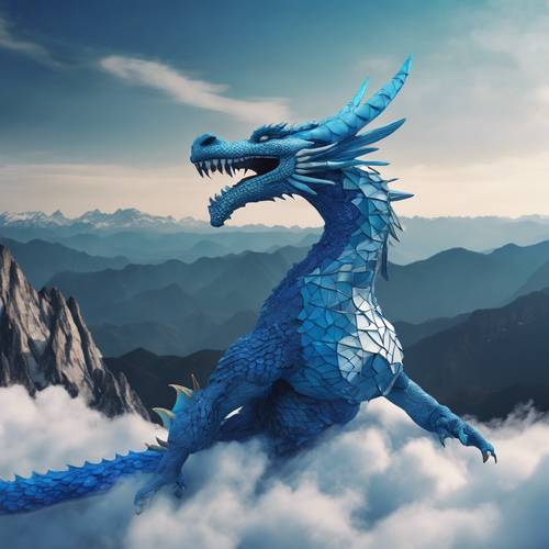 A mystical blue dragon with geometric scales soaring above a towering mountain range.