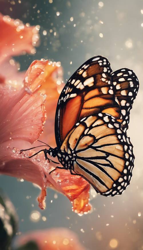 Una mariposa monarca posándose sobre los pétalos bañados por el rocío de una flor de hibisco al amanecer.