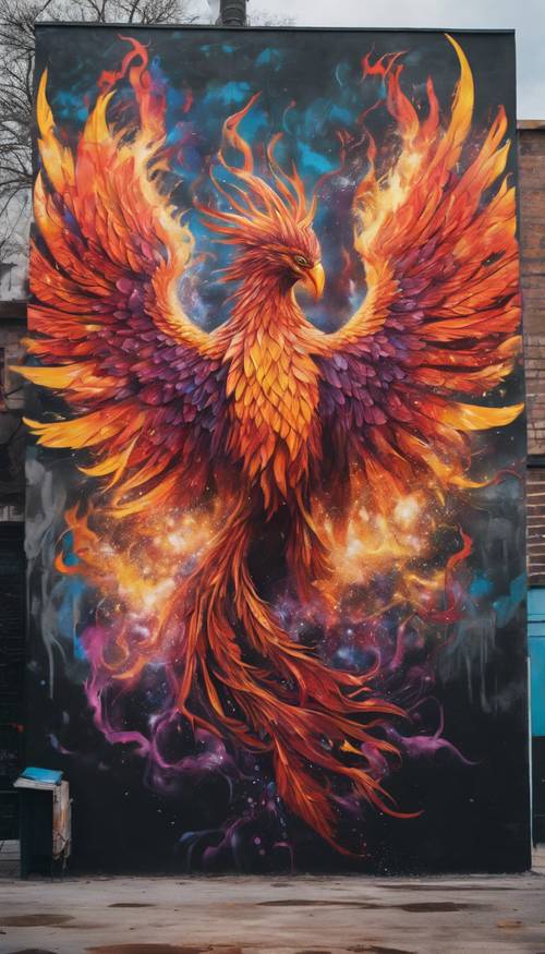 Street art mural of a phoenix rising from the ashes, painted with vibrant colors