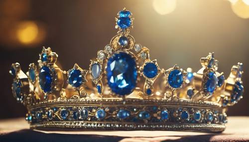 Une couronne royale antique ornée de pierres précieuses et de velours bleu.