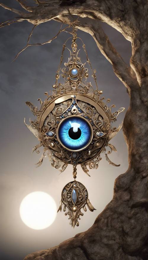 An intricately detailed 3D representation of an evil eye, glowing ominously under moonlight.