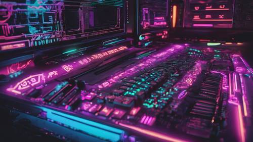 A detailed digital art representation of a Y2K computer interface, illuminated with neon lights and cyber symbols.