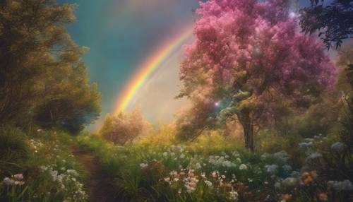An enchanted forest populated by magical flora, shimmering under a rainbow lit sky.