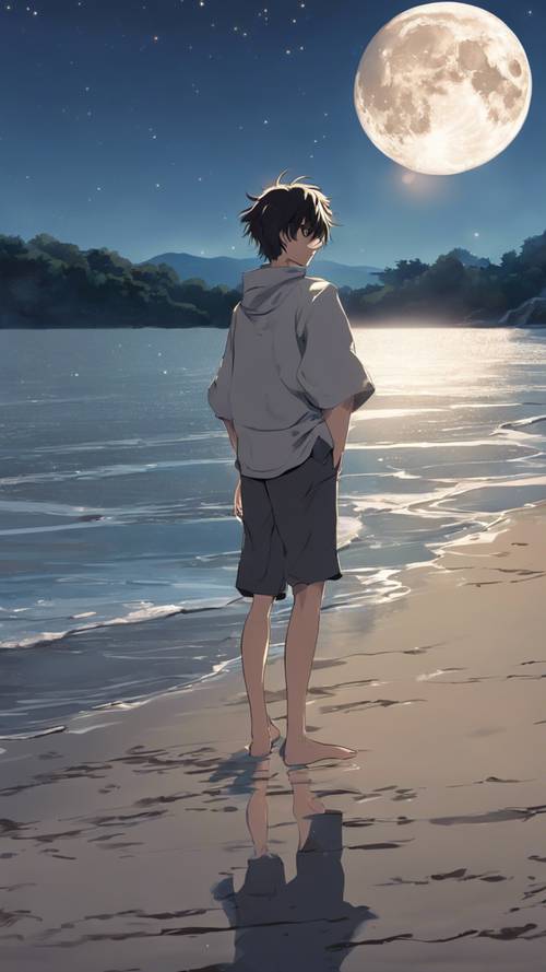 Un chico anime parado descalzo en la orilla, con la luna reflejándose en ojos alegres y vueltos hacia arriba.