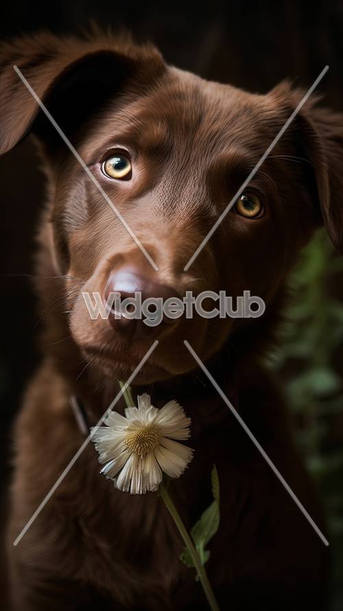 Коричневая собака с цветком ромашки