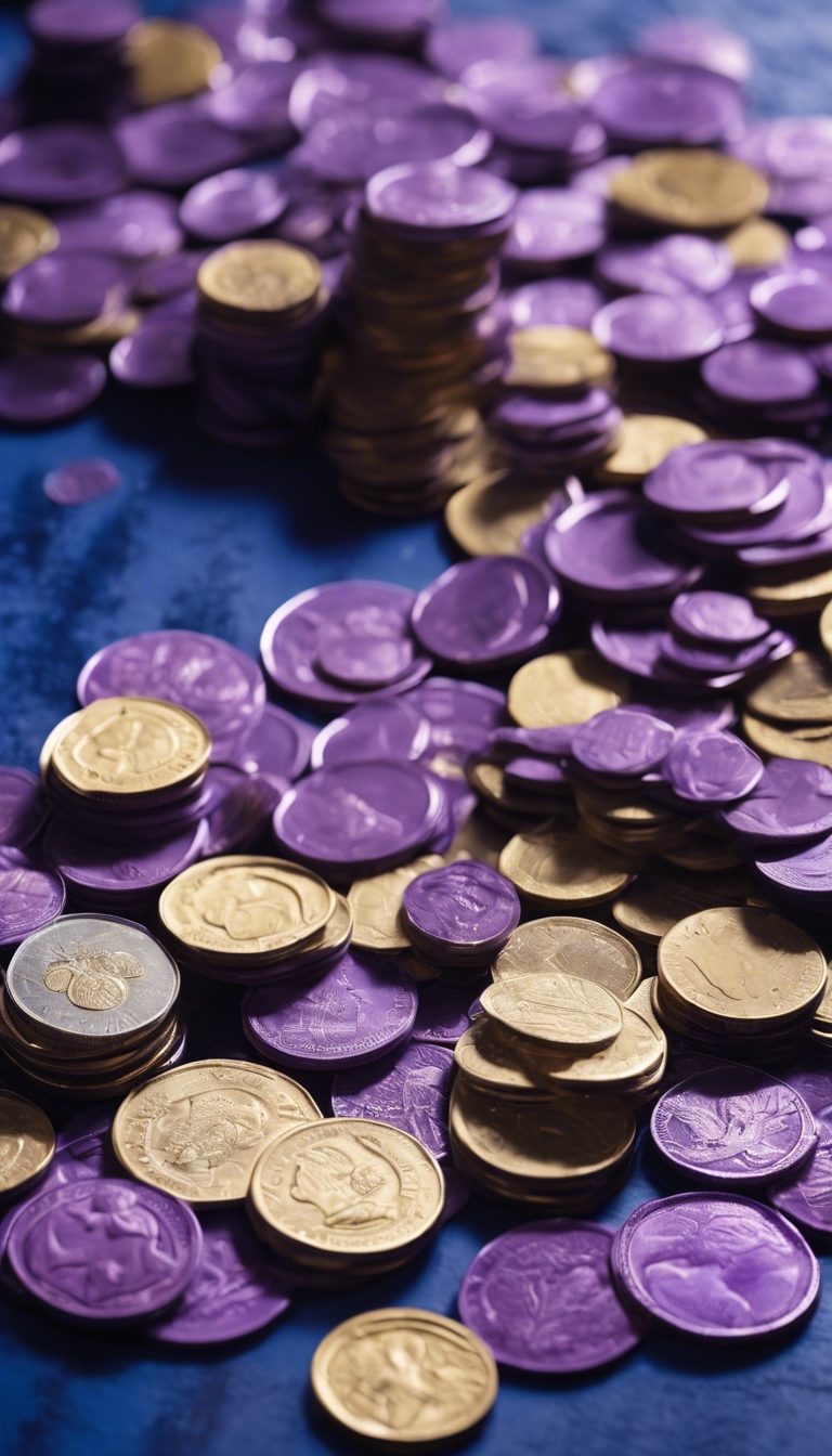 An array of purple coins from different countries spread out on a indigo table. 牆紙[681d2e61bd124e6ba2b2]