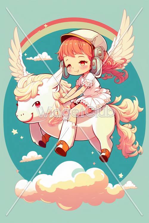 Girl Riding a Magical Unicorn in the Sky