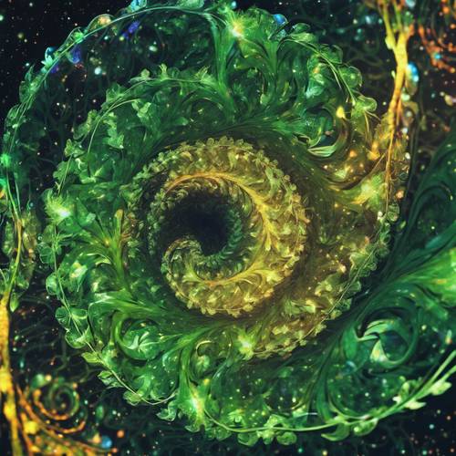 Psychodeliczna interpretacja zielonych liści wijących się spiralnie w przestrzeni.