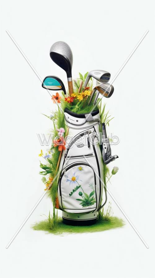 ถุงกอล์ฟสีสันสดใสเต็มไปด้วยดอกไม้และไม้กอล์ฟ