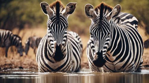 A lazy afternoon spent by zebras around a savanna waterhole.