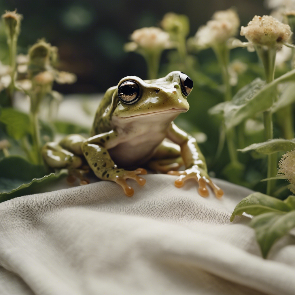 An adorable baby frog exploring a vintage linen handkerchief forgotten in a cottage garden. 墙纸[29f2f1feedcc460d8174]