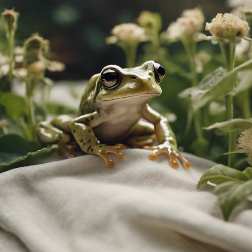 An adorable baby frog exploring a vintage linen handkerchief forgotten in a cottage garden.