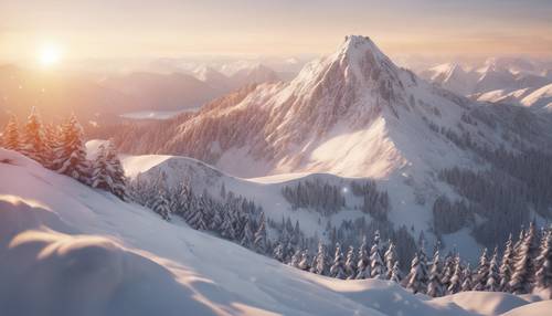 A panoramic view of a snow-covered mountain range at sunset.