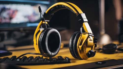 A pair of black and yellow themed high-performance gaming headphones hung on a monitor screen.
