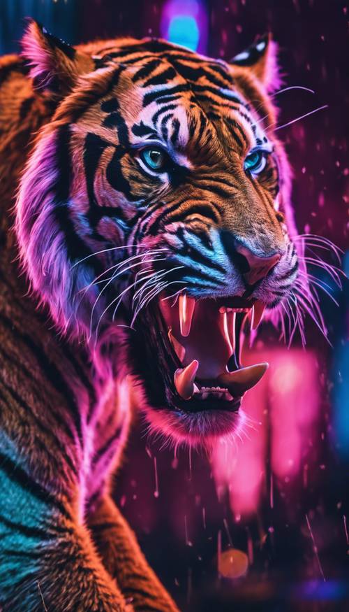 Majestatyczny neonowy tygrys ryczący nocą pośrodku neonowej dżungli.