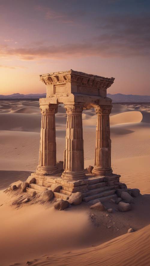在晴朗的黄昏天空下，一座罗马神庙的废墟半埋在沙漠中
