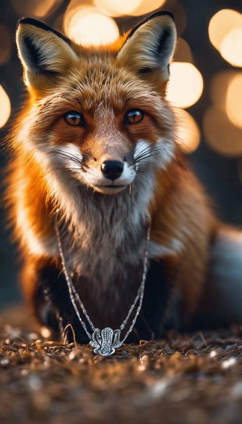 A red fox adorned with a silver necklace, roaming in the night. Tapet [0efb32767e7e4876baf2]