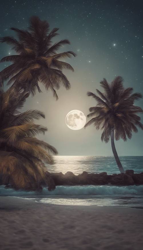 ชายหาดแสงจันทร์อันเงียบสงบพร้อมต้นปาล์มที่ส่งเสียงพึมพำเบาๆ ในท้องฟ้ายามค่ำคืน