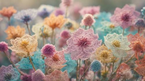 A cluster of multicolored lace flowers against a pastel background.