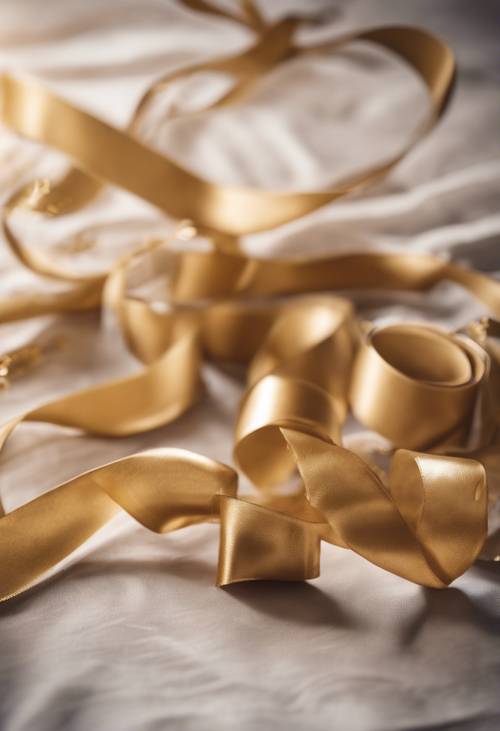 Des rubans de soie dorés dispersés de manière ludique sur un décor romantique prêt pour une célébration.