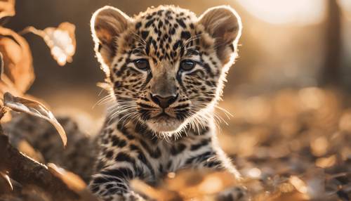 Um retrato de um curioso filhote de leopardo rosa-dourado brincando com folhas na tarde dourada.