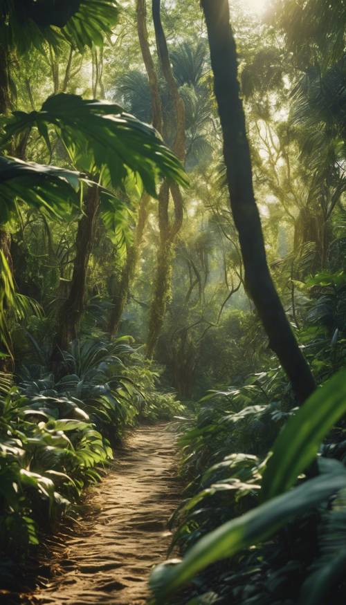 A dense jungle with a sea of broad leafed trees, their green and gold leaves glistening in the sunlight.