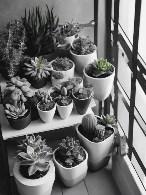 Minimalist balcony garden with succulents and herbs in monochrome pots.