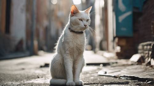 路地裏で生きる白い傷だらけの猫の壁紙。道路を誇らしげに立つ姿が印象的