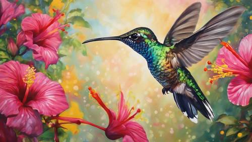 A painting depicting a hummingbird mid-flight approaching vibrant hibiscus flowers.