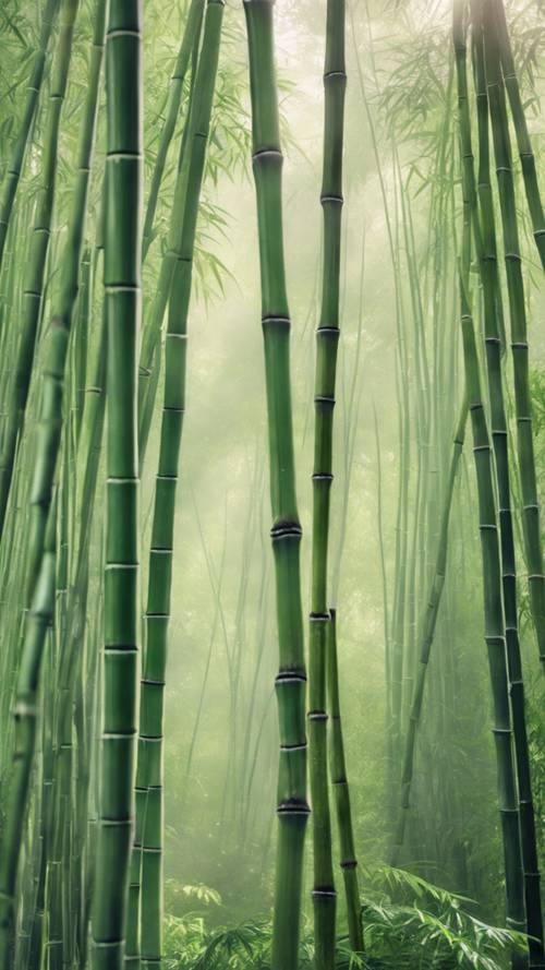 Uma exuberante floresta verde de bambu, delicadamente velada pela neblina matinal.