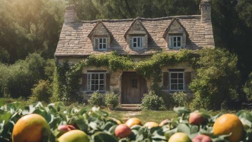 A quaint stone cottage surrounded by a lush fruit orchard in the heart of summer.