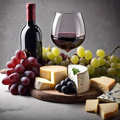 Uma natureza morta de vinhos tintos, variedades de queijos e uvas.