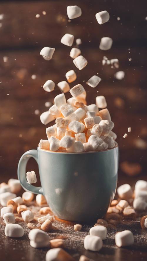 A handful of miniature marshmallows scattered randomly atop a mug of steaming hot cocoa.